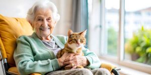Older adult and family member reviewing assisted living fees at a kitchen table with papers and a calculator.